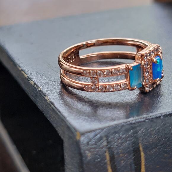 Rose Gold Plated Ring with Simulated Opal and Blue Stones - Size 9 - Picture 5 of 11